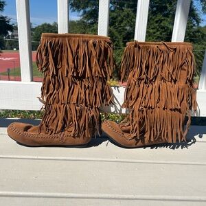 Fringe Faux Suede Moccasin Boots - Brown